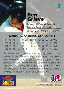 1994 Signature Rookies Draft Picks #3 Ben Grieve Back