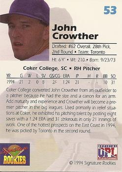 1994 Signature Rookies Draft Picks #53 John Crowther Back