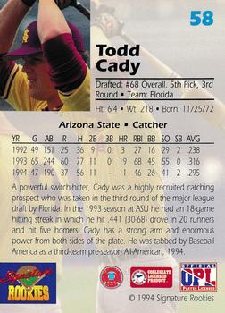 1994 Signature Rookies Draft Picks #58 Todd Cady Back