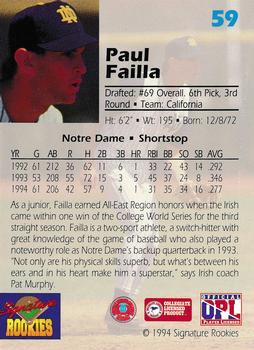 1994 Signature Rookies Draft Picks #59 Paul Failla Back