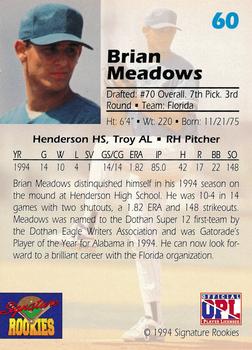 1994 Signature Rookies Draft Picks #60 Brian Meadows Back