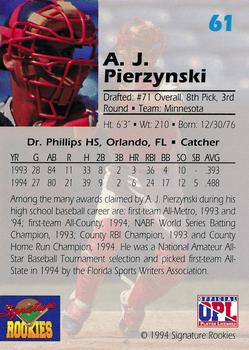 1994 Signature Rookies Draft Picks #61 A.J. Pierzynski Back