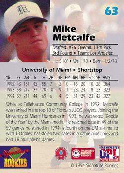 1994 Signature Rookies Draft Picks #63 Mike Metcalfe Back
