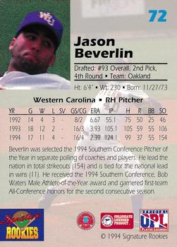 1994 Signature Rookies Draft Picks #72 Jason Beverlin Back