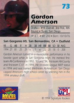 1994 Signature Rookies Draft Picks #73 Gordon Amerson Back