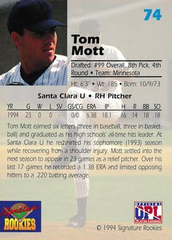 1994 Signature Rookies Draft Picks #74 Tom Mott Back