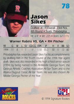 1994 Signature Rookies Draft Picks #78 Jason Sikes Back