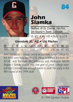 1994 Signature Rookies Draft Picks #84 John Slamka Back