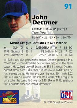 1994 Signature Rookies Draft Picks #91 John Dettmer Back