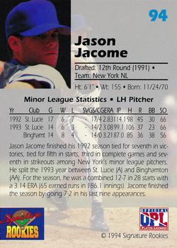 1994 Signature Rookies Draft Picks #94 Jason Jacome Back