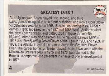 1992 Front Row All-Time Greats Hank Aaron #4 Hank Aaron Back