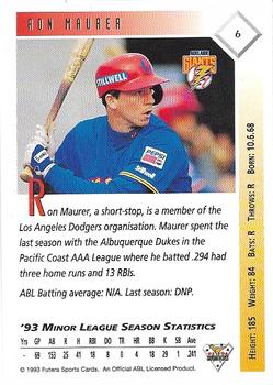1993-94 Futera Australian Baseball Export Series #6 Ron Maurer Back