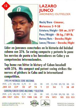 1994 Cuban Serie Selectiva #12 Lazaro Junco Back