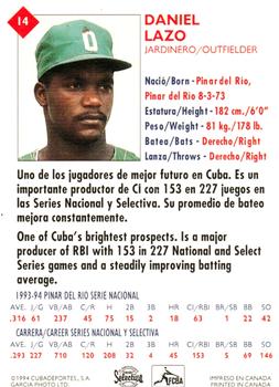 1994 Cuban Serie Selectiva #14 Daniel Lazo Back