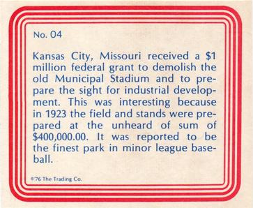 1976 Trading Co. Kansas City Municipal Stadium #04 Municipal Stadium Back