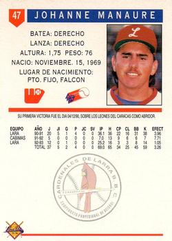 1993-94 Line Up Venezuelan Winter League #47 Johanne Manaure Back