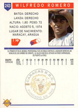 1993-94 Line Up Venezuelan Winter League #243 Wilfredo Romero Back