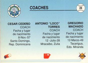 1994-95 Line Up Venezuelan Winter League #28 Coaches Magallanes (Cesar Cedeno / Antonio Torres / Gregorio Machado) Back