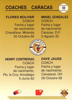 1994-95 Line Up Venezuelan Winter League #59 Coaches Caracas (Flores Bolivar / Manuel Gonzalez / Henry Contreras / Dave Jauss) Back