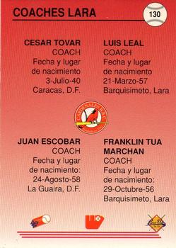 1994-95 Line Up Venezuelan Winter League #130 Coaches Cardenales (Cesar Tovar / Luis Leal / Juan Escobar / Franklin Tua) Back
