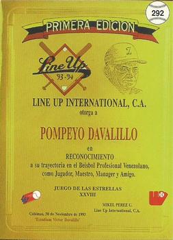 1994-95 Line Up Venezuelan Winter League #292 Pompeyo Davalillo Back