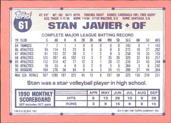 1991 Topps - Collector's Edition (Tiffany) #61 Stan Javier Back