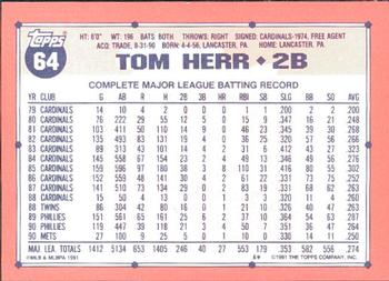 1991 Topps - Collector's Edition (Tiffany) #64 Tom Herr Back