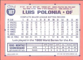 1991 Topps - Collector's Edition (Tiffany) #107 Luis Polonia Back