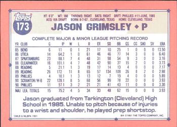 1991 Topps - Collector's Edition (Tiffany) #173 Jason Grimsley Back