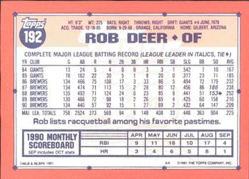 1991 Topps - Collector's Edition (Tiffany) #192 Rob Deer Back