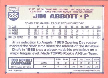 1991 Topps - Collector's Edition (Tiffany) #285 Jim Abbott Back