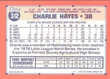 1991 Topps - Collector's Edition (Tiffany) #312 Charlie Hayes Back