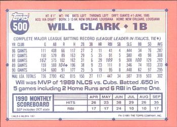 1991 Topps - Collector's Edition (Tiffany) #500 Will Clark Back