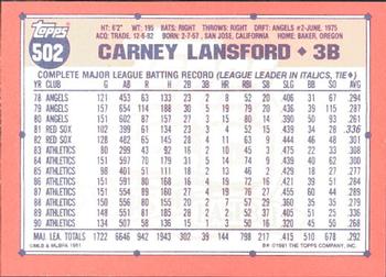 1991 Topps - Collector's Edition (Tiffany) #502 Carney Lansford Back