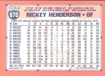 1991 Topps - Collector's Edition (Tiffany) #670 Rickey Henderson Back