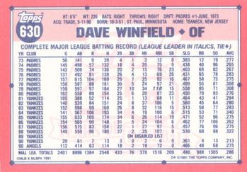 1991 Topps - Collector's Edition (Tiffany) #630 Dave Winfield Back
