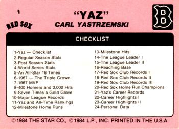 1984 Star Carl Yastrzemski #1 Carl Yastrzemski Back