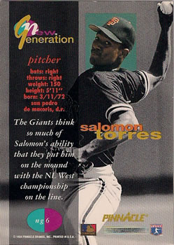 1994 Pinnacle New Generation #NG6 Salomon Torres Back