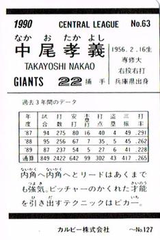 1990 Calbee #63 Takayoshi Nakao Back