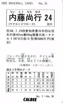 1991 Calbee #31 Naoyuki Naito Back