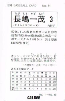 1991 Calbee #34 Kazushige Nagashima Back