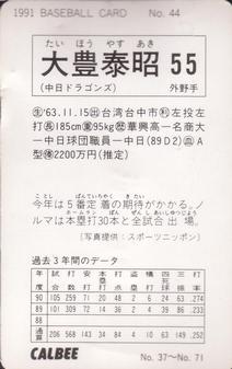 1991 Calbee #44 Yasuaki Taihoh Back