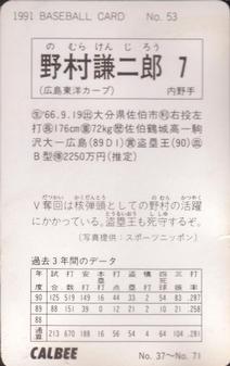 1991 Calbee #53 Kenjiro Nomura Back