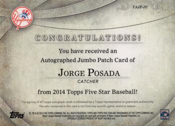 2014 Topps Five Star - Autographed Jumbo Patches #FAJP-JP Jorge Posada Back