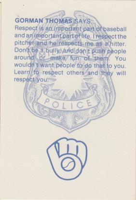 1982 Milwaukee Brewers Police #NNO Gorman Thomas Back