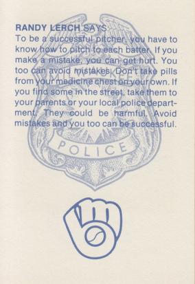 1982 Milwaukee Brewers Police #NNO Randy Lerch Back