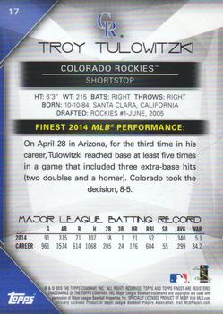 2015 Finest #17 Troy Tulowitzki Back