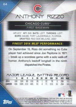 2015 Finest #64 Anthony Rizzo Back