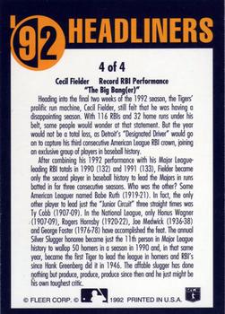 1992 Fleer Update - '92 Headliners #4 Cecil Fielder Back