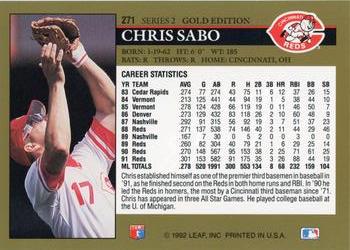 1992 Leaf - Black Gold #271 Chris Sabo Back